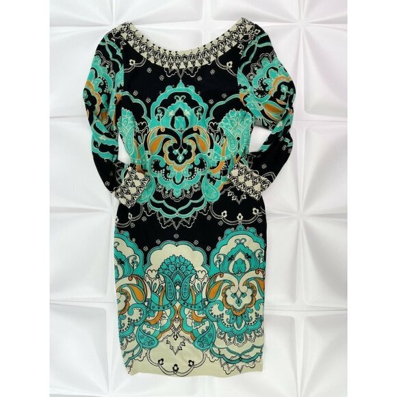 Muse Sz 6 Colorful Slinky Knit Shift Sheath Dress s Scarf Paisley Print V Back - Picture 1 of 7
